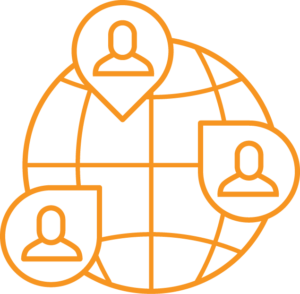 elearning icon: Orange globe with users in map markers