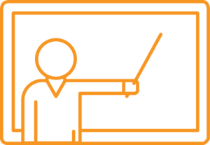 Instructor-led learning icon: facilitator pointing at whiteboard 